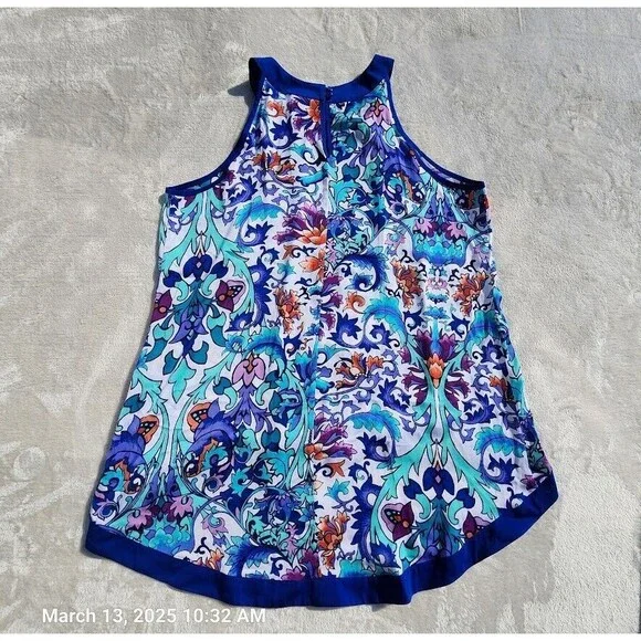 Nicole Miller Sz Large Multicolor Floral Sleeveless High Low Hem Button Back Top - Picture 10 of 11